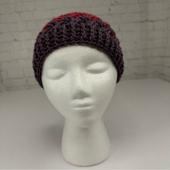 Handmade New Dark Pink Grey Merino Wool Basketweave Winter Knit Beanie Adult S/M - Picture 3 of 10